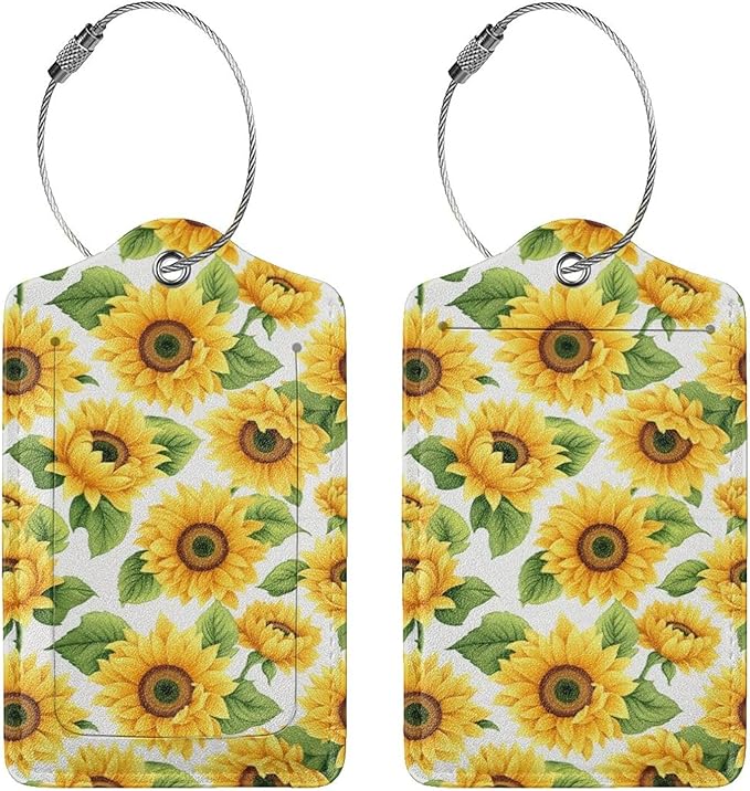 Lovely Sunflower Leather Luggage Tag with Stainless Steel Ring, Fun Name Id Card Cover Travel Bag Tag Set, Suitable for Travel Bag Luggage Women Men 1 PCS