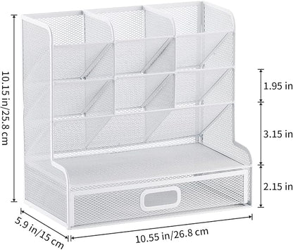 Marbrasse Mesh Desk Organizer - Multi-Functional Pen Holder with Drawer, Desktop Stationary Storage Rack for School, Home, Office, Art Supplies (White Mesh)