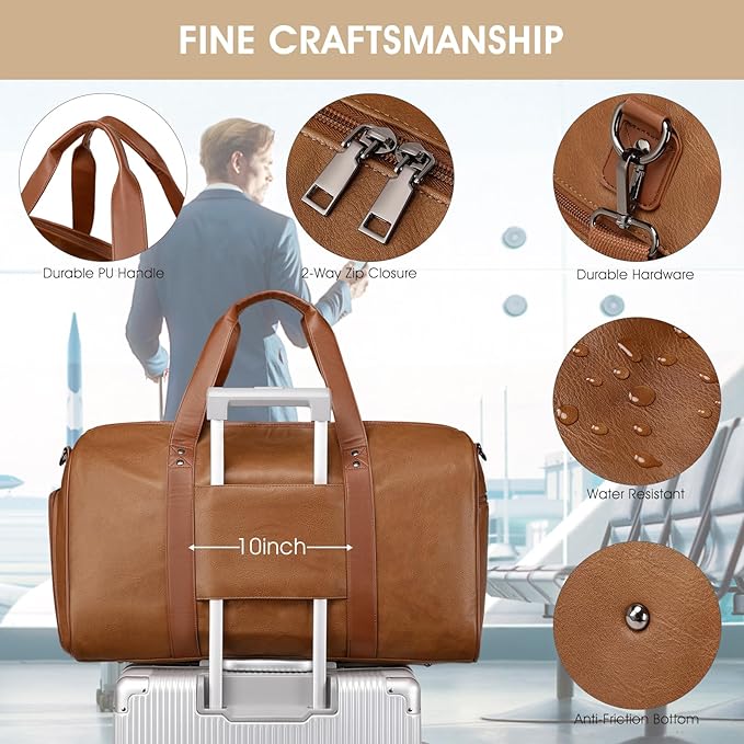 Wogarl 3PCS Leather Weekender Bag for Women Men Large Overnight Bag Travel Duffel Bag with Shoe Compartment Toiletry Packing Cube Carry On Bag Fit 21"" Laptop(Light Brown), YT042