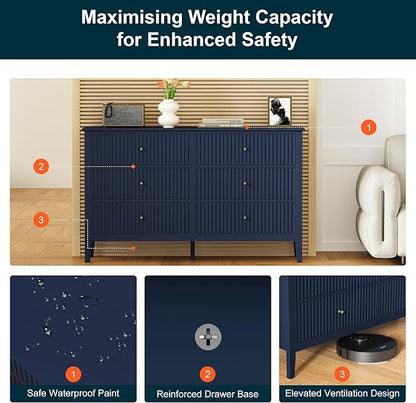 RoyalCraft 6 Drawer Dresser, Fluted Modern Wood Chest of Drawers, Long Dresser for Bedroom TV Stand Storage Cabinet for Living Room, Blue