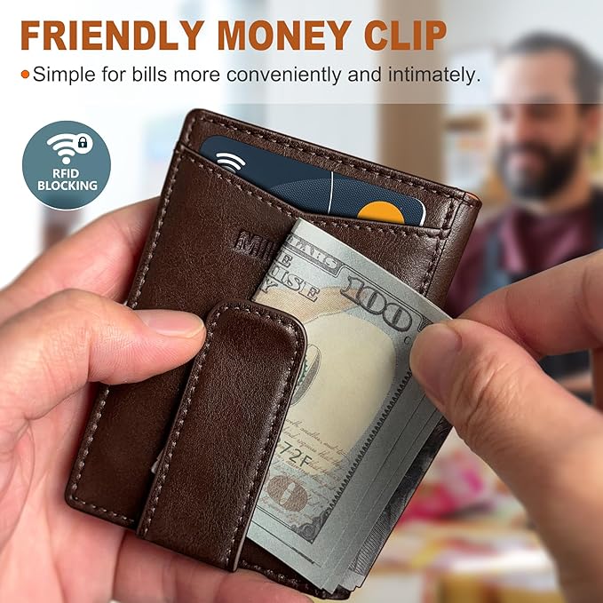 Airtag Wallet for Men- with Money Clip Gift Boxed, Magnetic Closure Slim Genuine Leather Front Pocket Wallet, 4.1"x 2.8", RFID Blocking