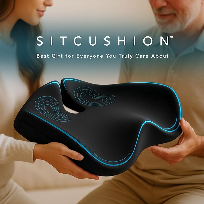 Pressure Relief Seat Cushion for Tailbone Pain – X Large Office Chair Cushion for Back Pain, Coccyx & Sciatica Pain Relief Pillow. Memory Foam Seat Cushions for Office Chairs. Extra Cover (Black)
