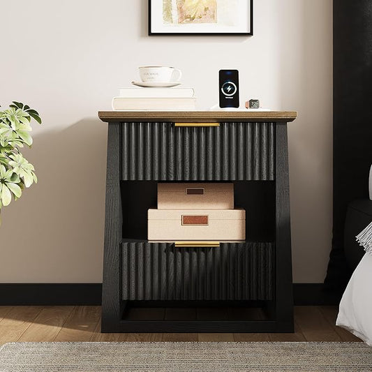 HIFYOBRO Fluted Nightstands with Charging Station & Motion Sensor Light, Modern Bedside Tables with 2 Drawers and Storage Shelf for Bedroom, Black