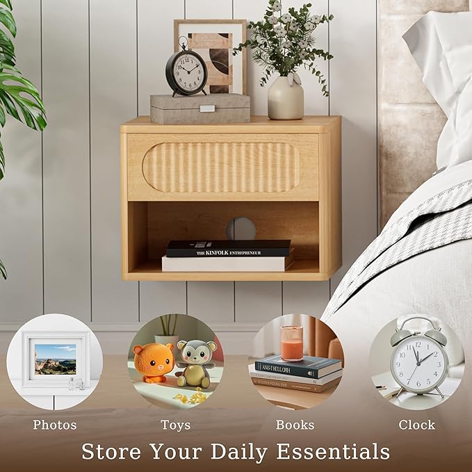 Floating Nightstands with Drawer Set of 2, Modern Wall Mounted Bedside Tables for Bedroom, Space Saving Storage Cabinets, Easy Install Hanging Shelf Night Stands for Small Spaces (Natural)