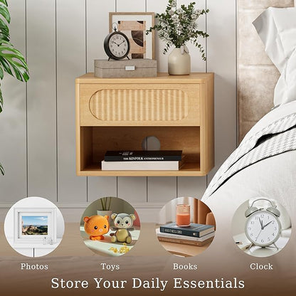 Floating Nightstands with Drawer Set of 2, Modern Wall Mounted Bedside Tables for Bedroom, Space Saving Storage Cabinets, Easy Install Hanging Shelf Night Stands for Small Spaces (Natural)