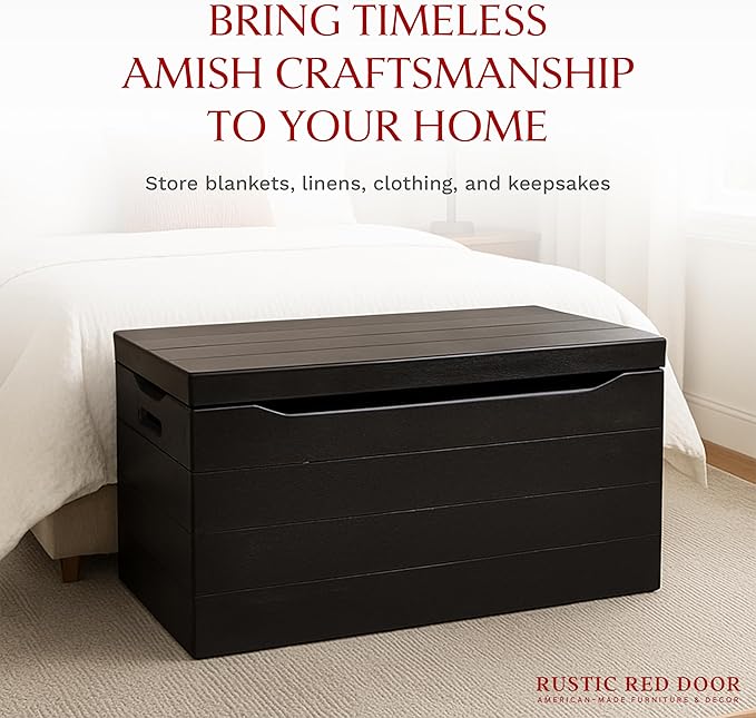 Amish Made Wooden Storage Chest Trunk Box with Lid and Handles for Bedroolanket, Clothes, Anti-Slam Hinges, Handmade, Rustic, Oak Wood, Onyx Stain, 36"