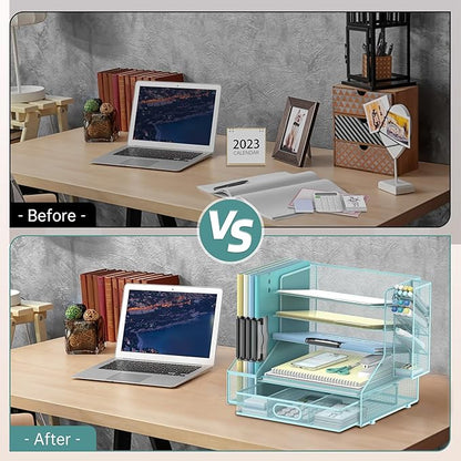 DALTACK Mesh Desk Organizer, 5-Tier Paper Letter Tray with File Holder & Pen Holder & Sliding Drawer, Desktop Organizer and Storage for Desk Accessories Office Supplies, Blue