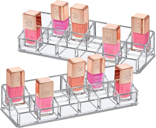 Amazing Abby - Glamour - 2-Pack 12-Slot Acrylic Nail Polish Organizer, Lipstick Holder, Lip Gloss Organizer, Cosmetic Storage Display, Perfect Storage Solution for Drawer, Vanity, Bathroom, and More