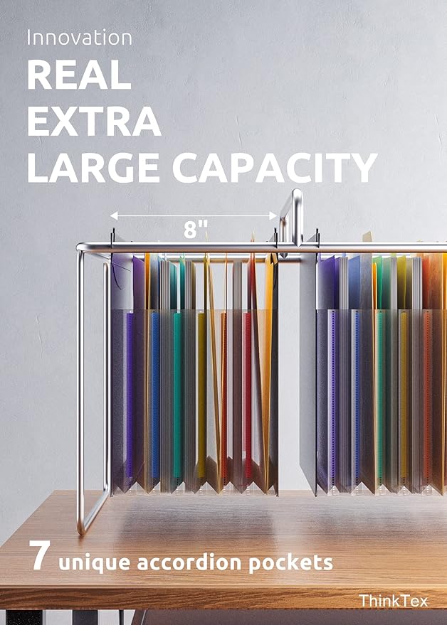 ThinkTex Plastic Expanding Hanging File Folders, 7 Innovative 1.2" Accordian Pockets, Large Capacity, Multi-Color Tabs, Letter Size for Filing Cabinet - 3 Packs