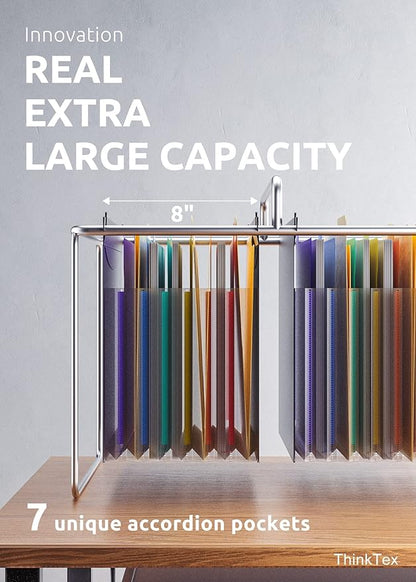 ThinkTex Plastic Expanding Hanging File Folders, 7 Innovative 1.2" Accordion Pockets, Large Capacity, Multi-Color Tabs, Letter Size for Filing Cabinet - 1 Pack