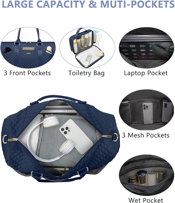Weekender Travel Duffle Bag for Women - Carry on Bag with Shoe Compartment Overnight Bags with Toiletry Bag Wet Pocket Weekend Traveling Yoga Gym Hospital Bags for Labor and Delivery Blue