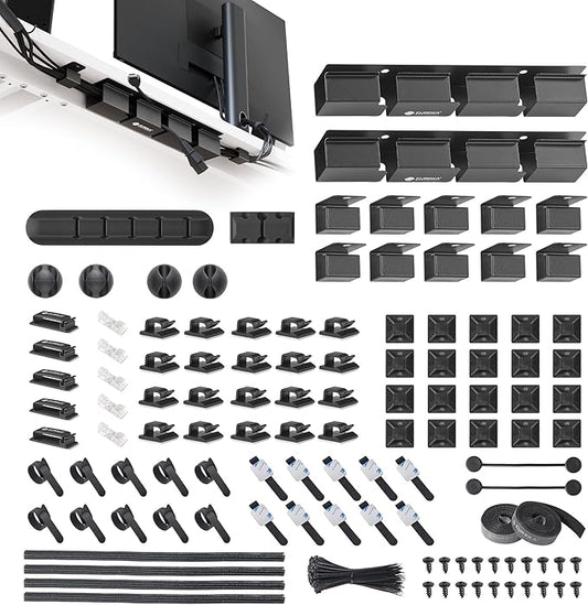 EUREKA ERGONOMIC Cable Management Organizer Kit Cable Raceways 316 PCS, 6 Cable Holder, 4 Cord Sleeve, 60 Wire Clips,2 Roll Self Adhesive Wire Ties, 100 Zip Ties For TV Office Home Under PC Desk,Black
