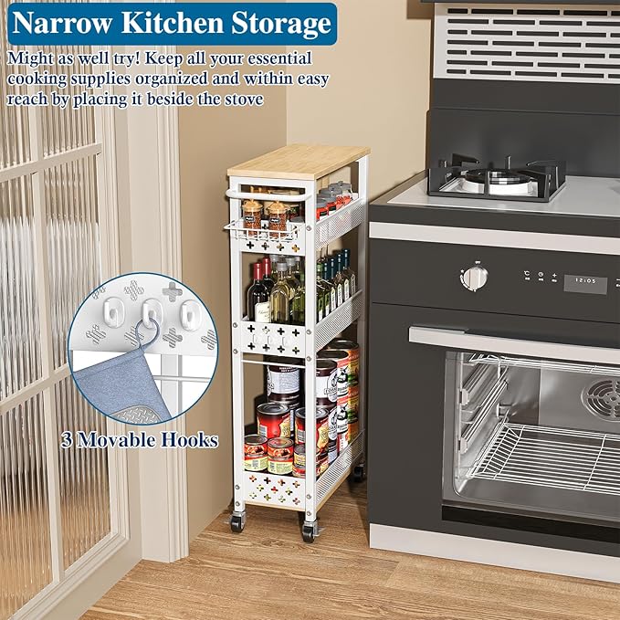 Rolling Slim Storage Cart, 4-Tier Narrow Bathroom Laundry Room Organization Cart, Metal Kitchen Storage Mobile Shelf Unit Organizer with Wood Top, Slim Utility Cart with Wheels for Small Space