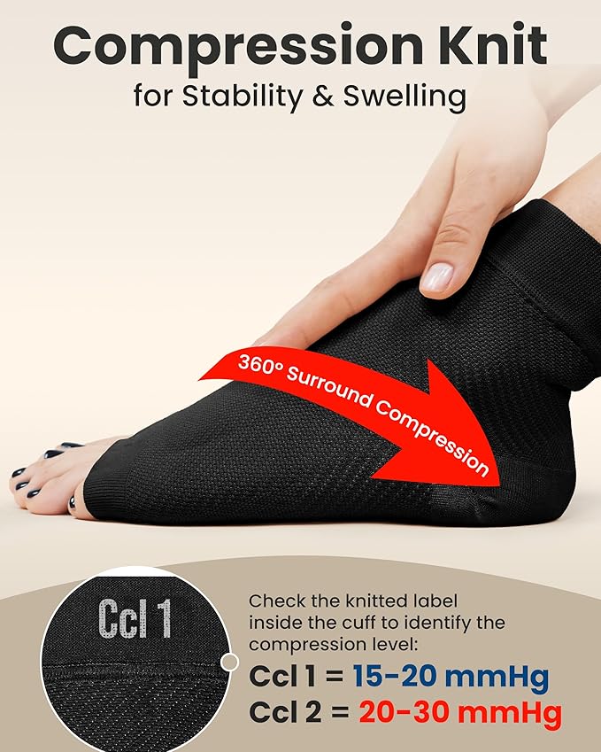 KEMFORD Ankle Compression Sleeve - Plantar Fasciitis Braces - Open Toe Compression Socks for Swelling, Sprain, Neuropathy, Foot Arch Support for Men and Women - 20-30mmhg, L, Black and White