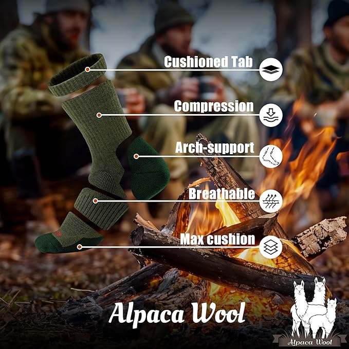 Alpaca Wool Hunting Socks 2 pairs for Men Women, Thermal Warm Compression Thick Winter Cushioned Hiking Boot Moisture Wicking