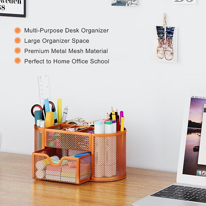 EasyPAG Mesh Pen Holder Desk Organizer with Drawer Stationery Supplies Organizer for Dorm School 9 Compartments Workspace Desk Accessories Organization for Office, Orange