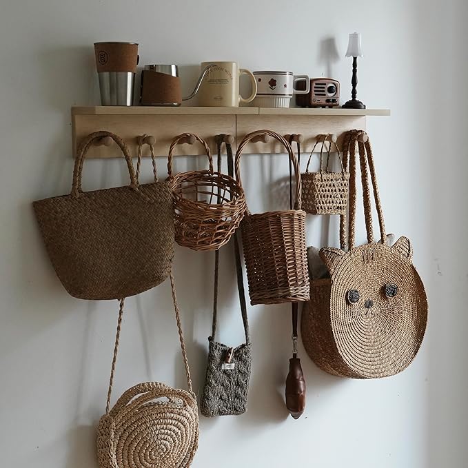 Entrance Coat Rack ，Coat Hooks, Wall-Mounted Wooden Hook Rack, Wall-Mounted Shelves are Very Suitable (2PC-Birch Colored Finish)
