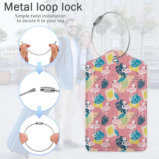 Pink Flamingo Luggage Tags,2 Pack Tropical Palm Leaves Luggage Tag,Leather Privacy Cover ID Label with Stainless Steel Loop for Women Men Kids Girls Travel