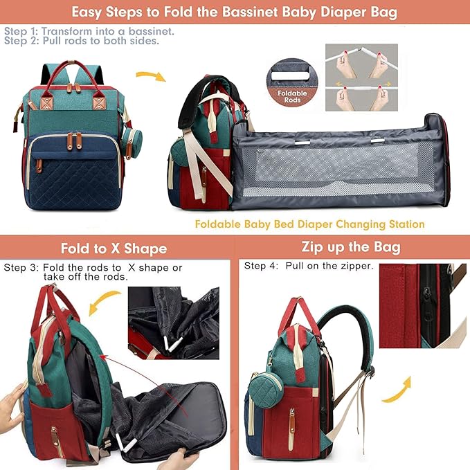Diaper Bag with Changing Station, Waterproof 3 in 1 Diaper Backpack with Foldable Changing Pad, Baby Registry Search &Baby Shower Gifts - Newborn Essentials, Red-Green-Blue