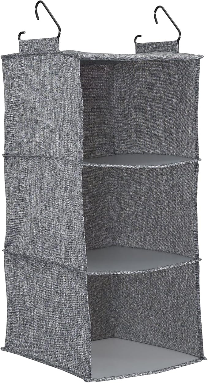 Household Essentials 3 Shelf Hanging Closet Organizer, Hanging Shelf with Hooks, Poly Linen and PEVA Shelving
