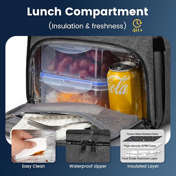 Lunch Backpack, 17.3 Inch Large Lunch Backpack Insulated Cooler Bag Travel Laptop Backpack with USB Port for Men Women, RFID Blocking for Work Picnics Black