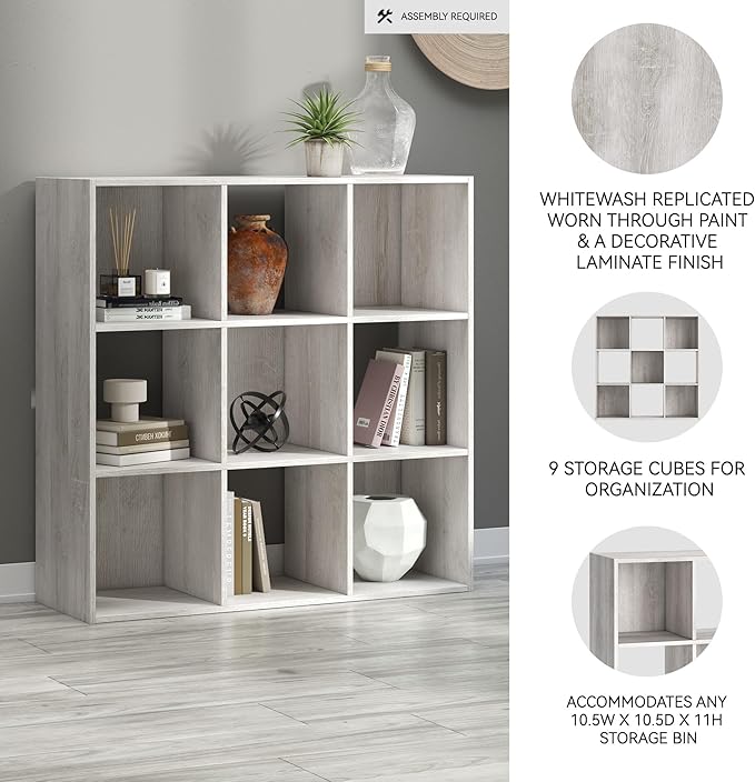Signature Design by Ashley Paxberry Coastal 9 Cube Storage Organizer or Bookcase, Whitewash