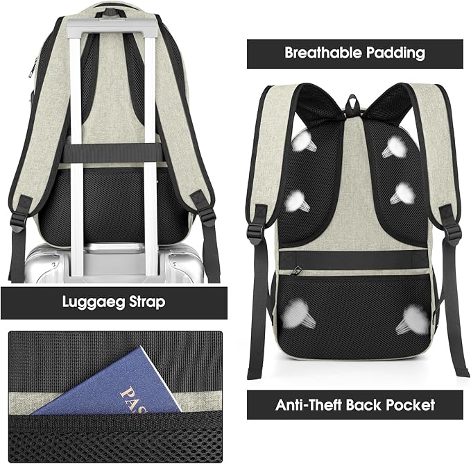 Backpack for Men Women, School Backpacks for Teen Boys, Business Anti Theft Sturdy Travel Laptop Backpack with USB Charging Port, Water Resistant 15.6 Inch Computer Bag Gift, Beige