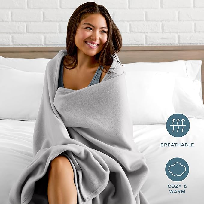 Bare Home Polar Fleece Blanket - Extra Long - Warm & Cozy - Premium Fleece - Throw for Bed, Sofa, Camping, Travel and Cold Nights - Lightweight Blanket (Twin/Twin XL, Light Grey)