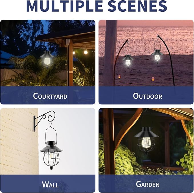 2 Pack Solar Lanterns Outdoor Waterproof Hanging Solar Lights with Vintage Metal Warm White Light Edison Bulb Design, Decorate for Garden Yard Porch and Christmas(Black)