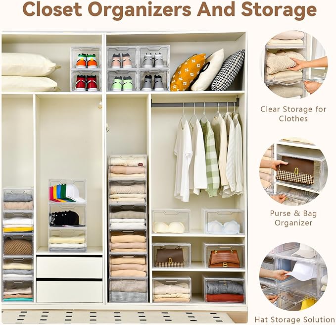 Closet Organizers and Storage, Acrylic Clear Plastic Storage Bins with Magnetic Door, 8 Pack Storage Containers for Clothes Home Organization Purse Bag Cabinet Display Closet Organizer System