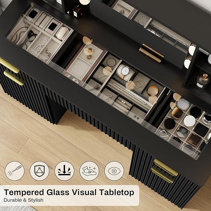 ONME 47.2" Fluted Vanity Desk with Mirror and Lights, Big Vanity with 5 Large Drawers and Adjustable Shelves, Makeup Vanity Table with Glass Top and Charging Station for Women and Girls Bedroom