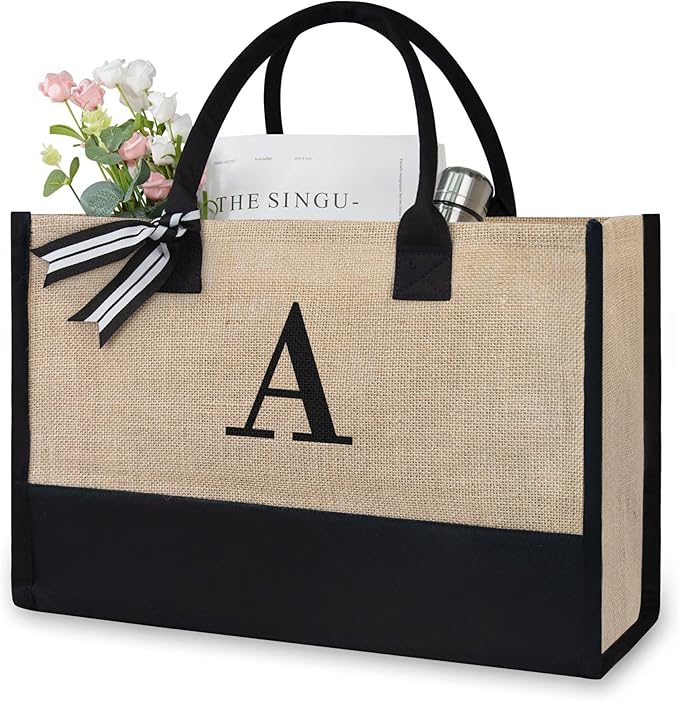 TOPDesign Initial Jute/Canvas Tote Bag, Personalized Present Bag, Suitable for Wedding, Birthday, Beach, Holiday, is a Great Gift for Women, Mom, Teachers, Friends, Bridesmaids (Letter A)