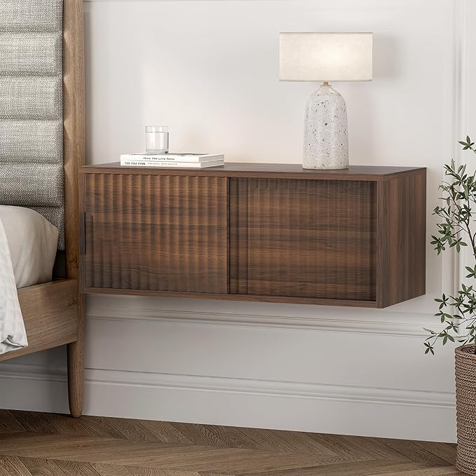 Large Floating TV Stands Set of 2, Modern Fluted Nightstands Wall Mounted Bedside Table Storage Cabinet with Sliding Doors for Living Room, Bedroom, Brown