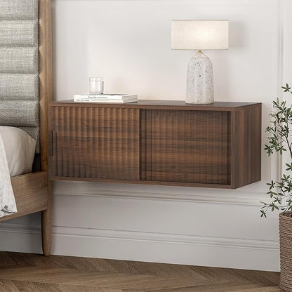 Large Floating TV Stands Set of 2, Modern Fluted Nightstands Wall Mounted Bedside Table Storage Cabinet with Sliding Doors for Living Room, Bedroom, Brown