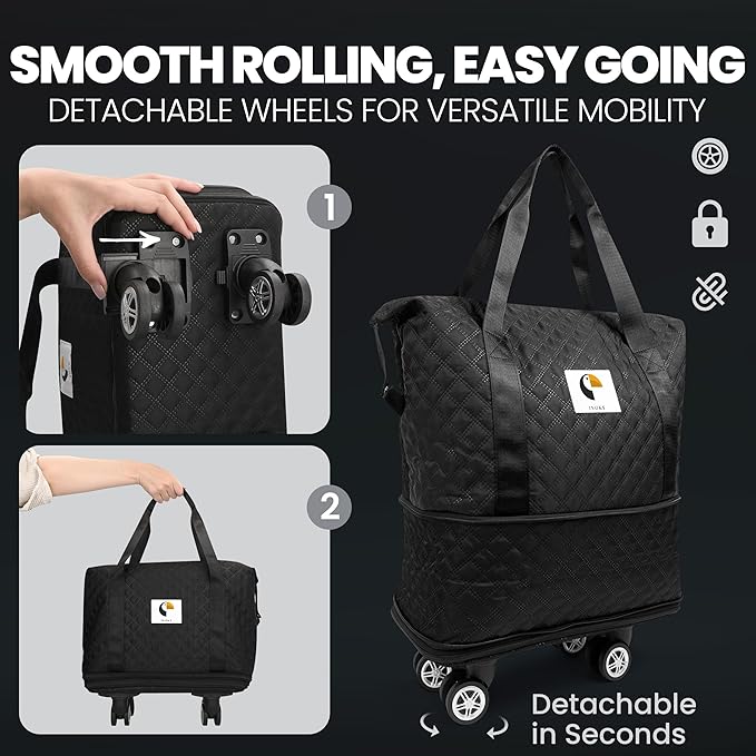 ISOKE Foldable Travel Duffel Bag - TSA Approved - With Wheels & Shoe Compartment - Weekender Bags for Women - Carry On Overnight Bag - Black - 16"×10"×24"