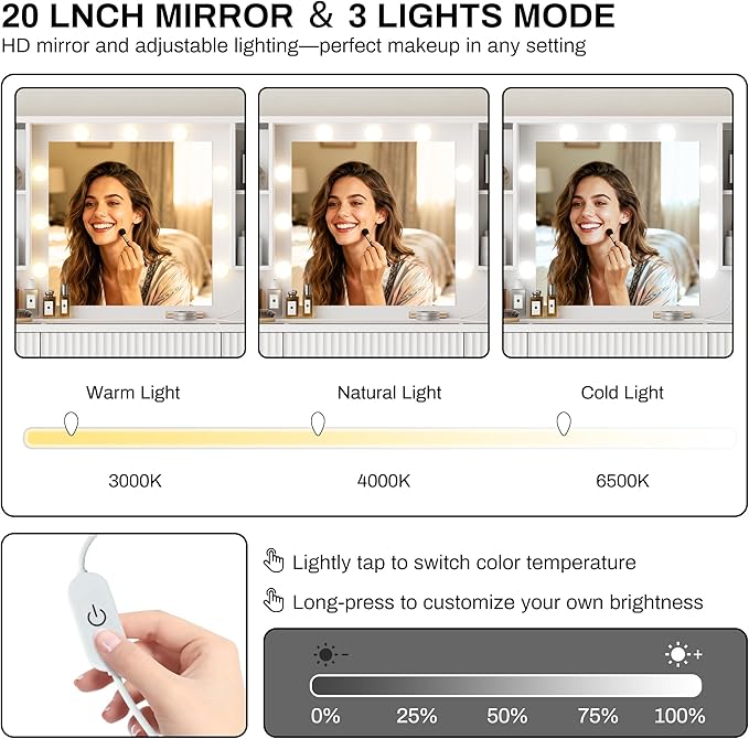 ONME Fluted Makeup Vanity Desk with Mirror and Lights, for Women and Girls, Vanity Table with Drawers, Glass Top, Power Outlet & Adjustable Shelves, Modern Dressing Table for Bedroom