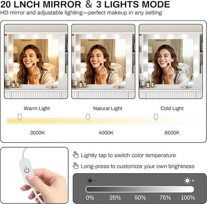 ONME Fluted Makeup Vanity Desk with Mirror and Lights, for Women and Girls, Vanity Table with Drawers, Glass Top, Power Outlet & Adjustable Shelves, Modern Dressing Table for Bedroom