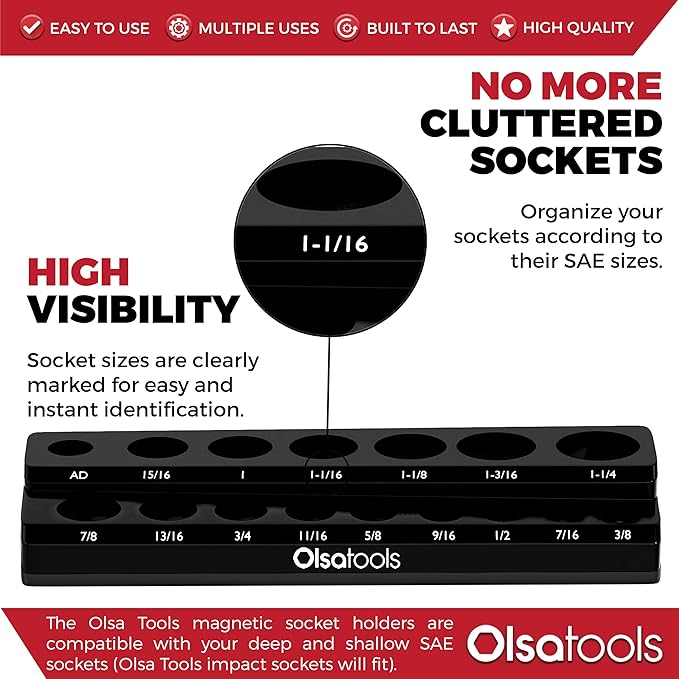 Olsa Tools Magnetic Socket Organizer | 1/2-Inch Drive | SAE | Black | Holds 16 Sockets | Professional Quality Tools Organizer