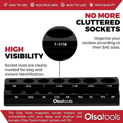 Olsa Tools Magnetic Socket Organizer | 1/2-Inch Drive | SAE | Black | Holds 16 Sockets | Professional Quality Tools Organizer