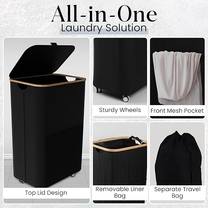 Laundry Basket with Wheels and Handle - 100L Bamboo-Fabric Laundry Hamper with Lid, Front Mesh Pocket, Travel Bag, Sturdy Wheels, Black