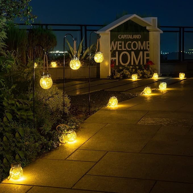 ROSHWEY Solar Lantern, 2 Pack Garden Decor Lights Waterproof Outdoor Lanterns with 30 LED Solar Lights Patio Hanging Lights for Backyard Fence Pathway Porch Christmas Decorative, Warm White
