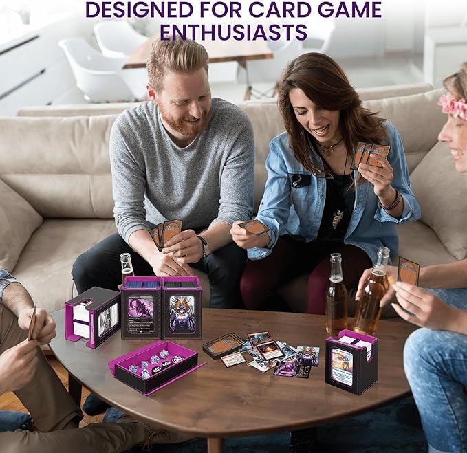 Card Deck Box for MTG with Commander Display, 5 in 1 Card Storage Box Fits 400+ Double-sleeved Cards, Deck Case for TCG Sports Cards with Dividers, Dice Tray, Magnetic Card Holders, Black Purple