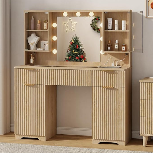 ONME Fluted Vanity Desk 47.2" with Mirror and Lights, Big Vanity with 5 Large Drawers and Adjustable Shelves, Makeup Vanity Table with Glass Top and Charging Station for Women and Girls Bedroom