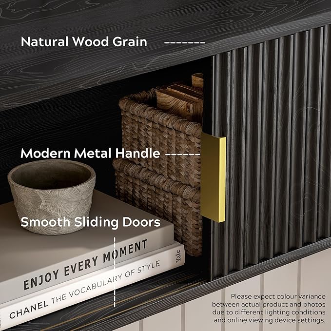 Large Floating TV Stands Set of 2, Modern Fluted Nightstands Wall Mounted Bedside Table Storage Cabinet with Sliding Doors for Living Room, Bedroom Black