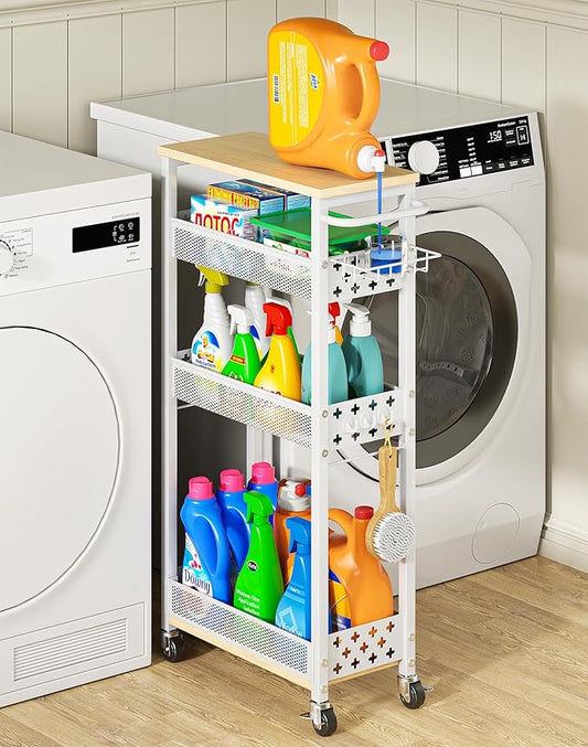 Rolling Slim Storage Cart, 4-Tier Narrow Bathroom Laundry Room Organization Cart, Metal Kitchen Storage Mobile Shelf Unit Organizer with Wood Top, Slim Utility Cart with Wheels for Small Space