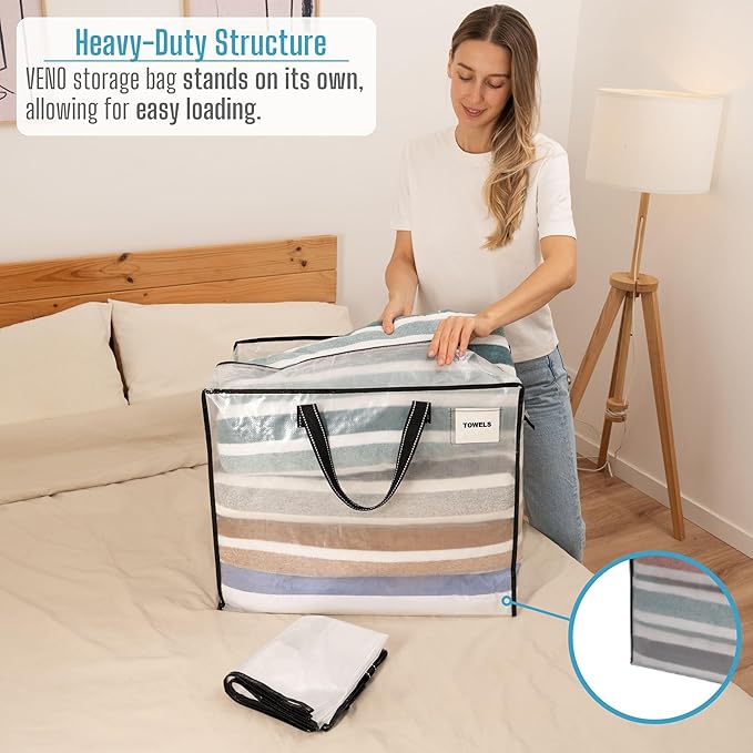 VENO 4 Pack Heavy Duty Moving Bags, Storage Bags, Packing Supplies, Top Zipper, Storage Totes for Camping, Clothes, Bedding, Comforters, Pillows (22 Gallon Clear, 4 Pack)
