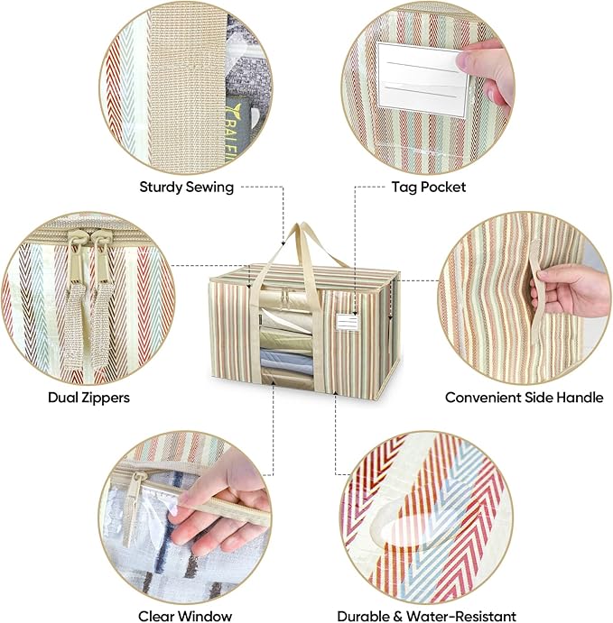 BALEINE 4-Pack Oversized Moving Bags with Reinforced Handles, Heavy-Duty Storage Tote for Clothes, Moving Supplies (Color Stripe with Window, 4-Pack)