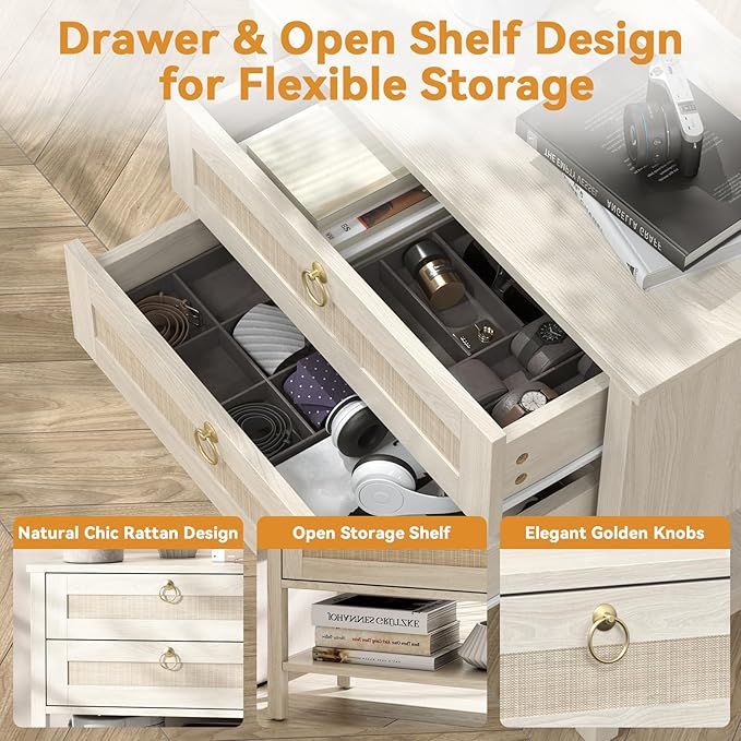 Wooden Nightstand Set of 2, Boho Side Tables with 2 Woven Rattan Drawers and Storage Shelf, Bedside Tables for Bedroom, or Home Office