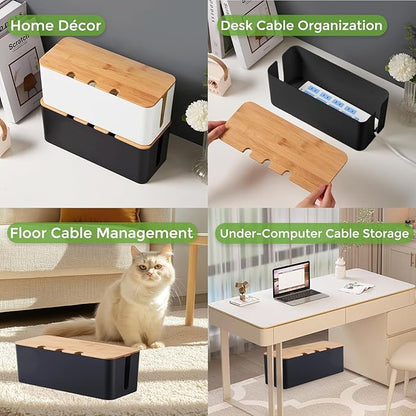 Cord Organizer Box Black 2 Pack, Wooden Cable Management Box with Cable Clip Holders and Reusable Cable Ties, Cord Management Box Cable Organizer Box with Bamboo Lid for Power Strip Extension Cord