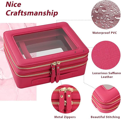 Aveniee XL Clear Makeup Organizer,Double Layer Travel Cosmetic Case with Brush Holder & Zippered Compartments,Big Toiletry Bag for Travel Accessories,2 Layers Large,Hotpink